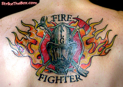 Fire Fighter - Firefighter Mask In Flame Tattoo On Upper Back