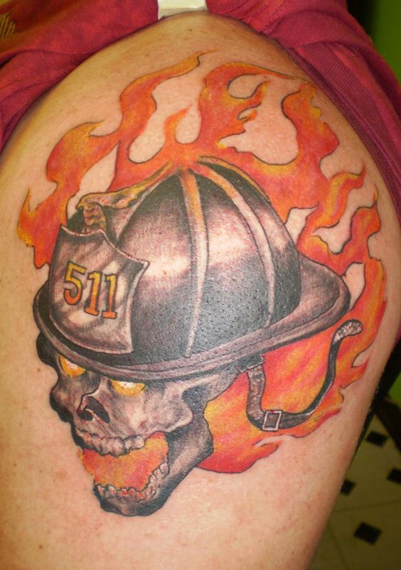 Firefighter Helmet On Skull Tattoo Design For Shoulder
