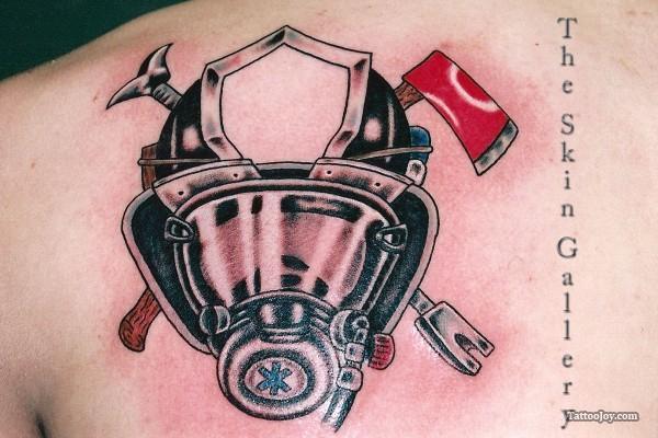 Firefighter Helmet Tattoo On Left Back Shoulder