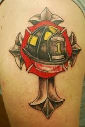 Firefighter Helmet With Cross Tattoo Design