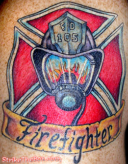 Firefighter Helmet With Firefighter Banner Tattoo Design