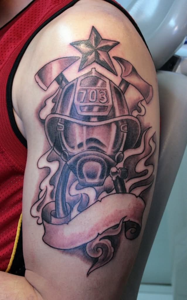 Firefighter Helmet With Ribbon Tattoo On Man Left Half Sleeve