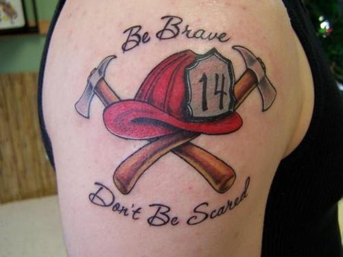 Firefighter Helmet With Two Crossing Axe Tattoo Design For Shoulder