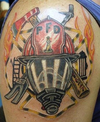 Firefighter Helmet With Two Crossing Axe Tattoo On Shoulder