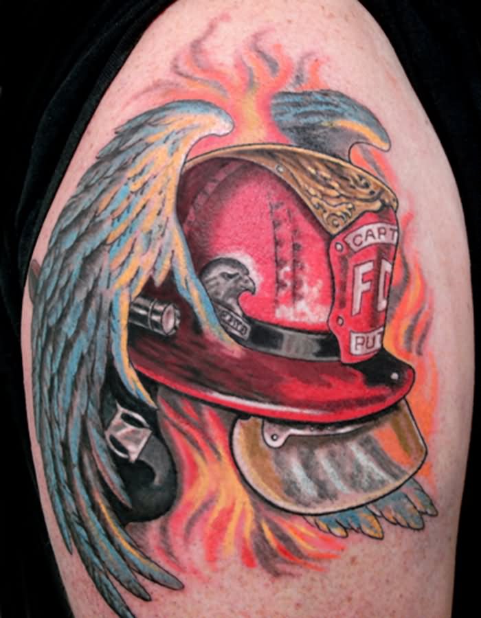 Firefighter Helmet With Wings Tattoo Design