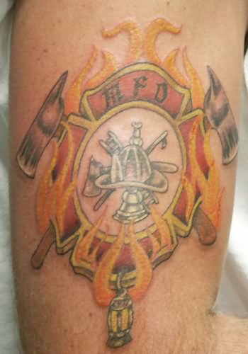 Firefighter Logo In Flame Tattoo Design For Bicep