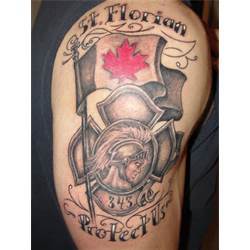 Firefighter Logo With Canada Flag Tattoo On Half Sleeve