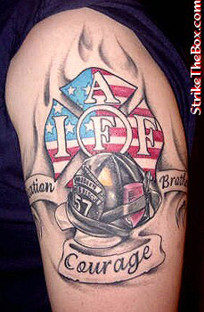 Firefighter Logo With Helmet And Banner Tattoo Design For Shoulder