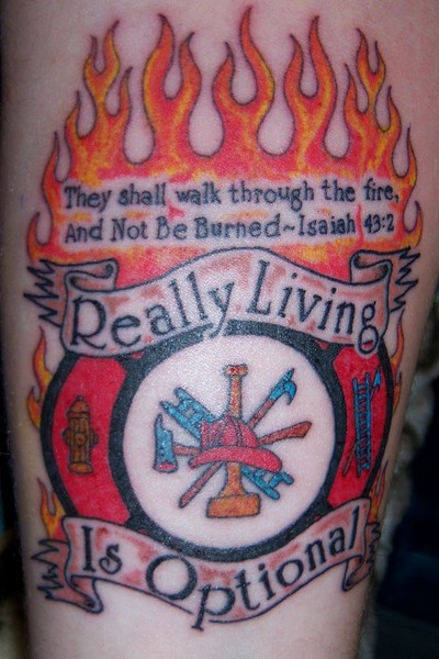 Firefighter Logo With Prayer And Banner Tattoo Design