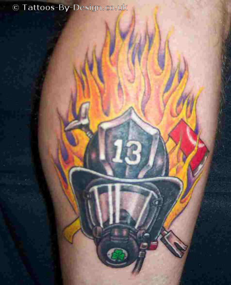 Firefighter Mask In Flame Tattoo Design For Leg Calf