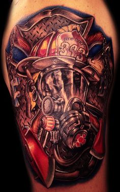 Firefighter Mask Tattoo Design For Half Sleeve