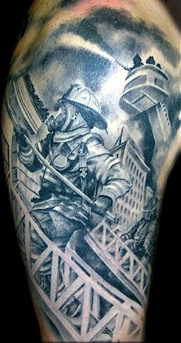 Firefighter On Ladder Tattoo On Half Sleeve
