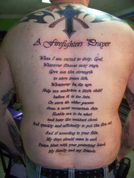 Firefighter Prayer With Cross And Two Crossing Axe Tattoo On Man Full Back
