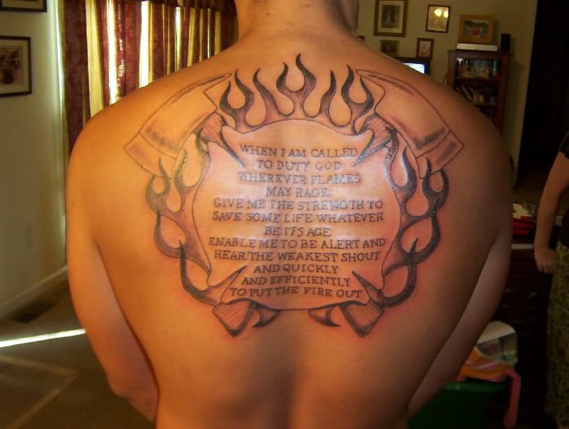 Firefighter Prayer With Two Crossing Axe Tattoo On Man Upper Back
