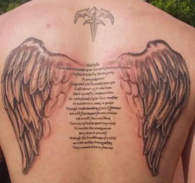 Firefighter Prayer With Wings Tattoo On Man Upper Back