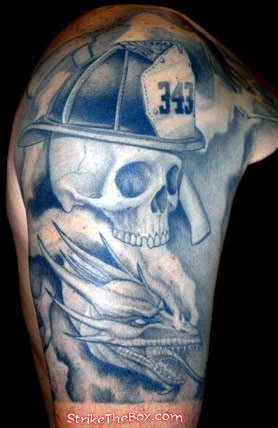 Firefighter Skull Tattoo On Half Sleeve