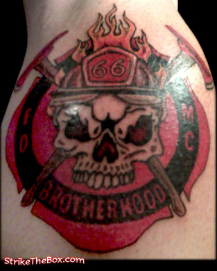 Firefighter Skull With Two Crossing Axe Tattoo Design