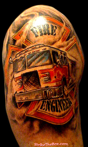 Firefighter Truck Tattoo Design For Shoulder