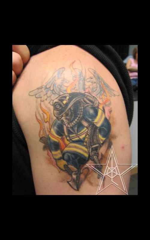 Firefighter With Angel Wings Tattoo On Half Sleeve