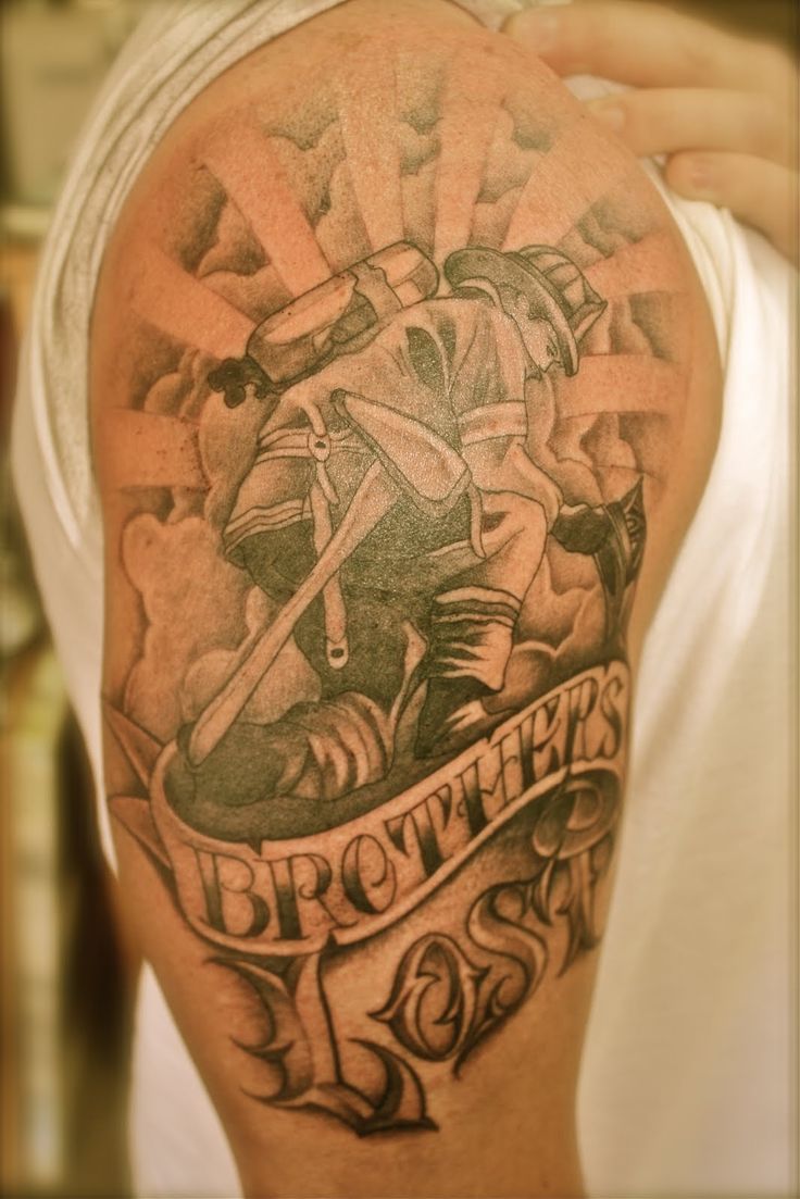 Firefighter With Brothers Banner Tattoo On Right Half Sleeve