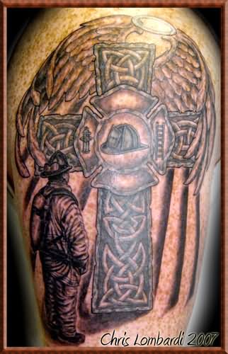 Firefighter With Celtic Cross Tattoo Design