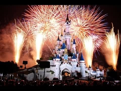 Fireworks Over The Disneyland Paris Castle At Night