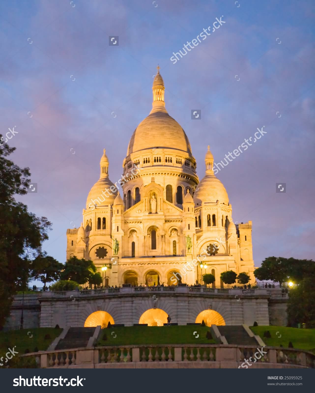 Front Exterior View Of Sacre Coeur Cathedral Sunset View