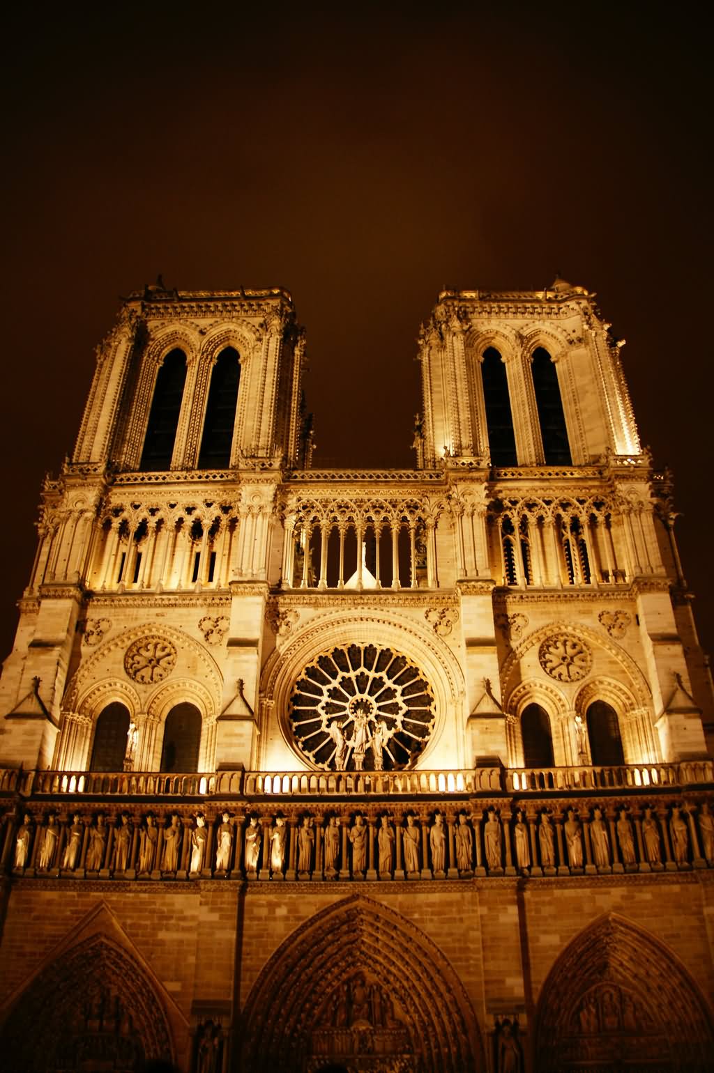 Front View Of Notre Dame de Paris At Night