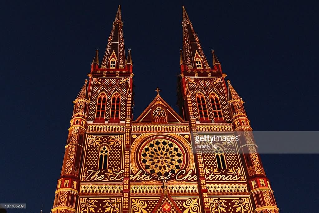 Front View Of St. Mary’s Cathedral Night Lights