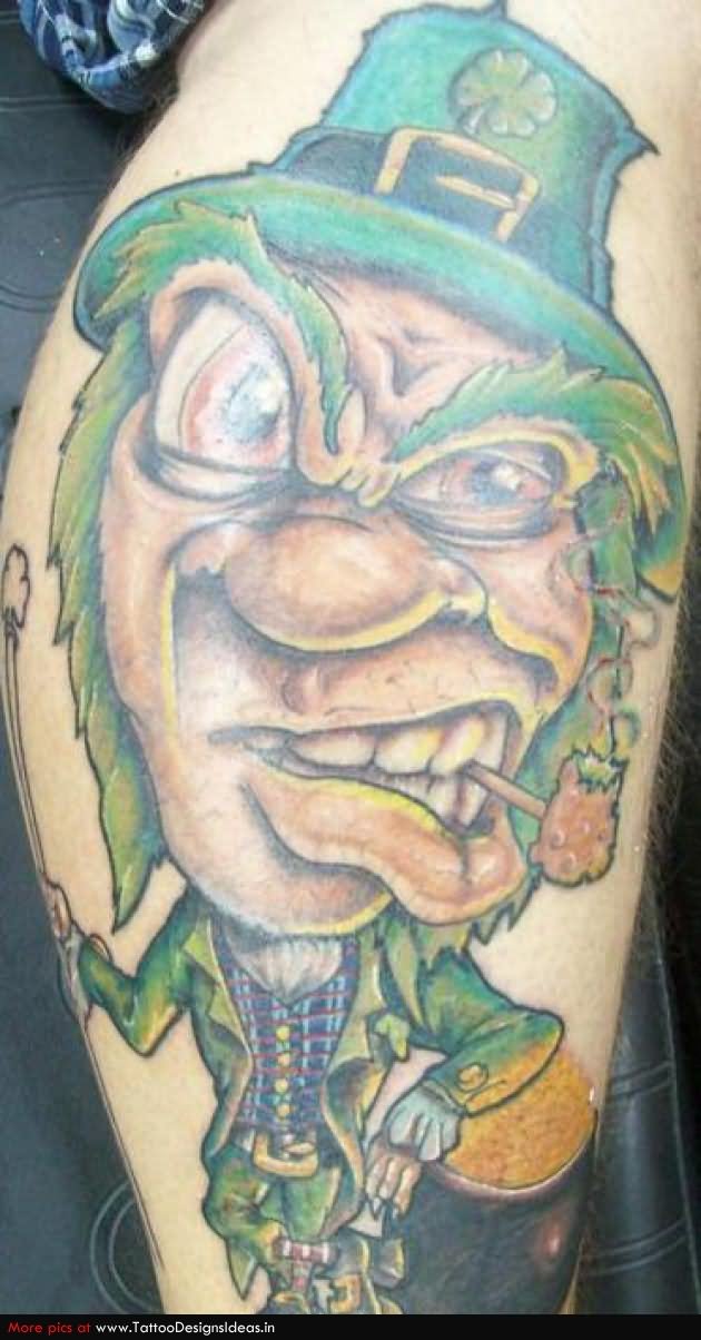 Funny Leprechaun Tattoo On Leg