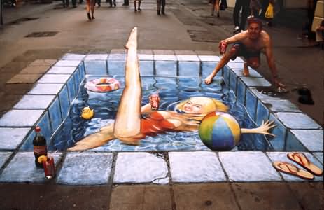 Girl In Swimming Pool Chalk Optical Illusion On Road