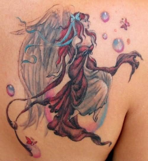 Girl With Fantasy Fairy Tattoo On Right Back Shoulder