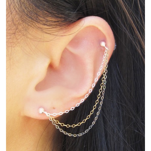 Gold And Silver Chain Piercing On Left Ear