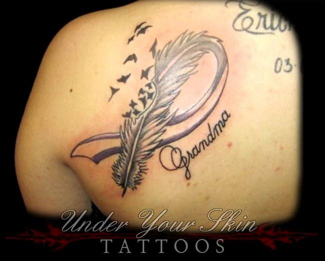 Grandma - Memorial Feather With Flying Birds Tattoo On Left Back Shoulder