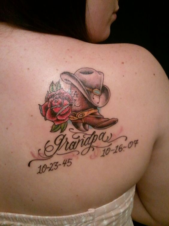Grandpa - Memorial Rose With Shoe Tattoo On Right Back Shoulder
