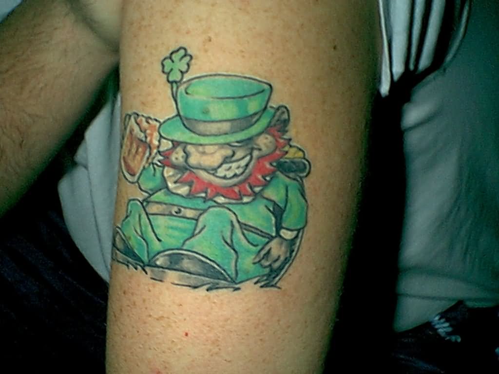 Green Ink Leprechaun Tattoo On Left Arm