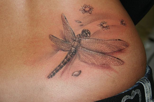 Grey Dragonfly Fantasy Tattoo On Lower Back
