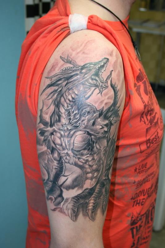 Grey Fantasy Dragon Tattoo On Right Half Sleeve