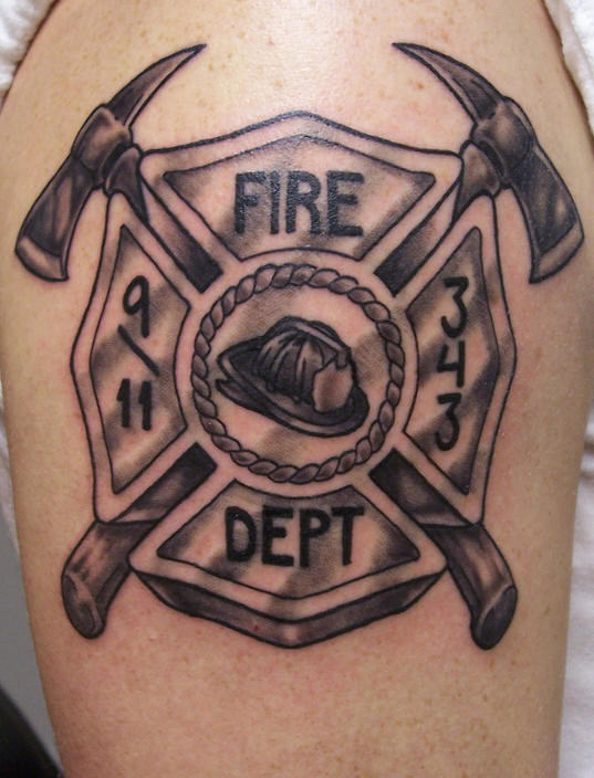 Grey Ink 3D Firefighter Logo Tattoo Design For Shoulder