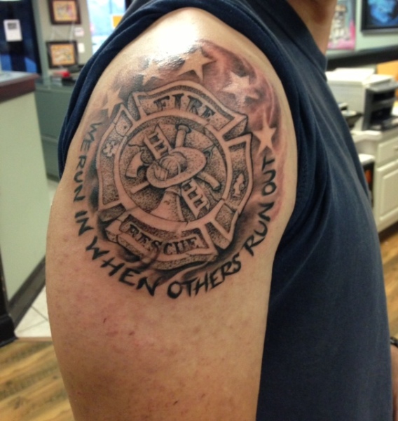 Grey Ink 3D Firefighter Logo Tattoo On Right Shoulder
