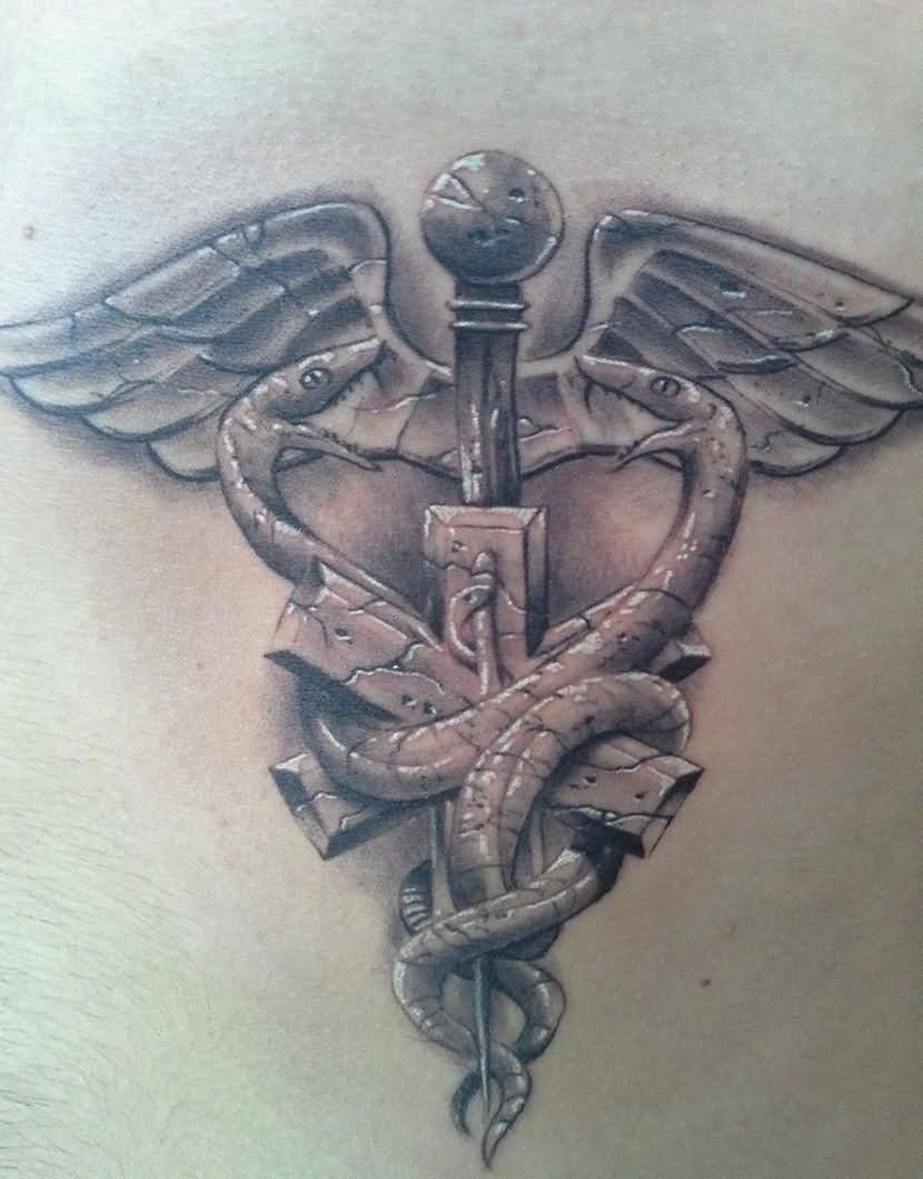Grey Ink 3D Medical Symbol Tattoo Design For Men
