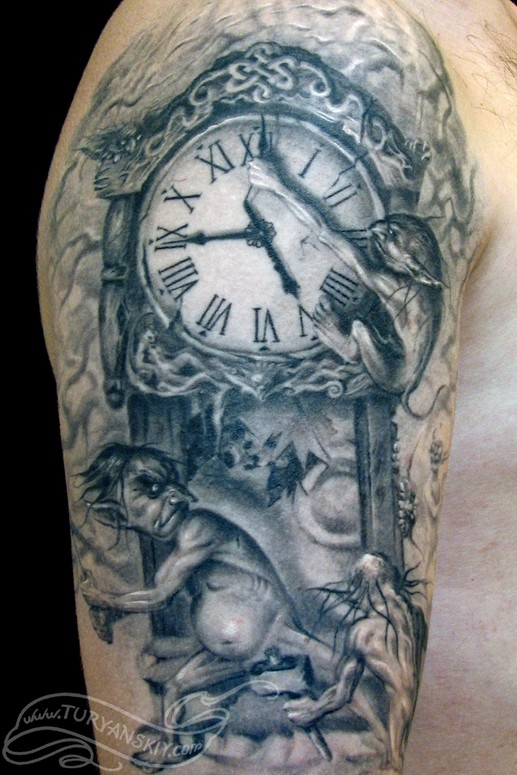 Grey Ink Clock And Fantasy Tattoo On Half Sleeve
