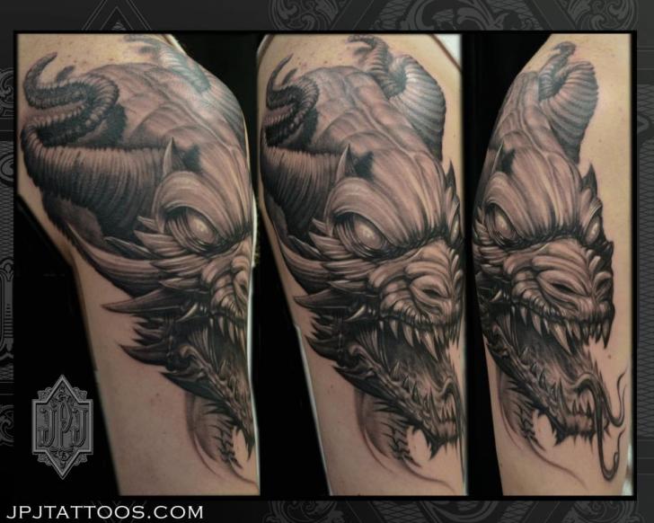 Grey Ink Fantasy Dragon Tattoo On Half Sleeve