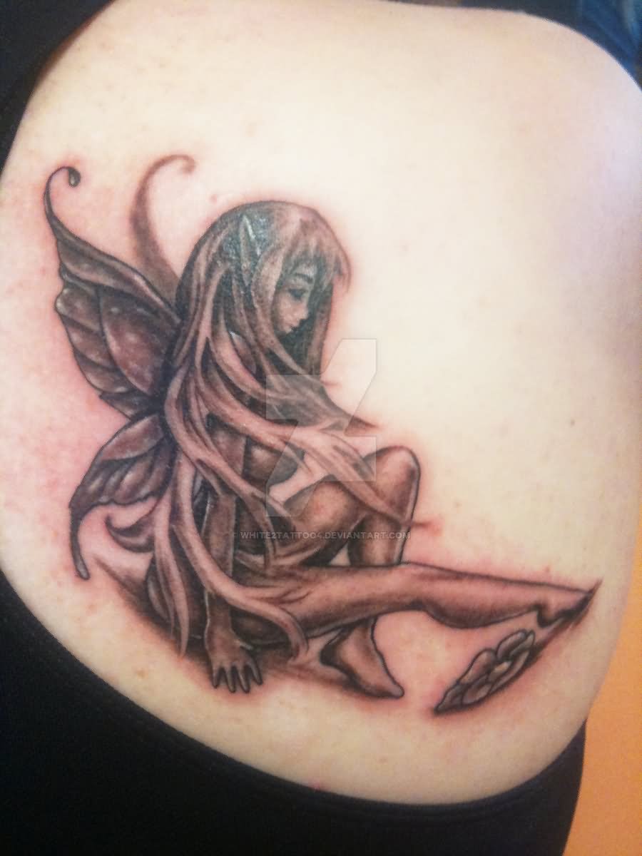 Grey Ink Fantasy Fairy Tattoo On Rib Side by White2tattoo
