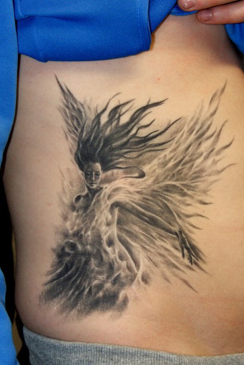 Grey Ink Fantasy Fairy Tattoo On Side Rib