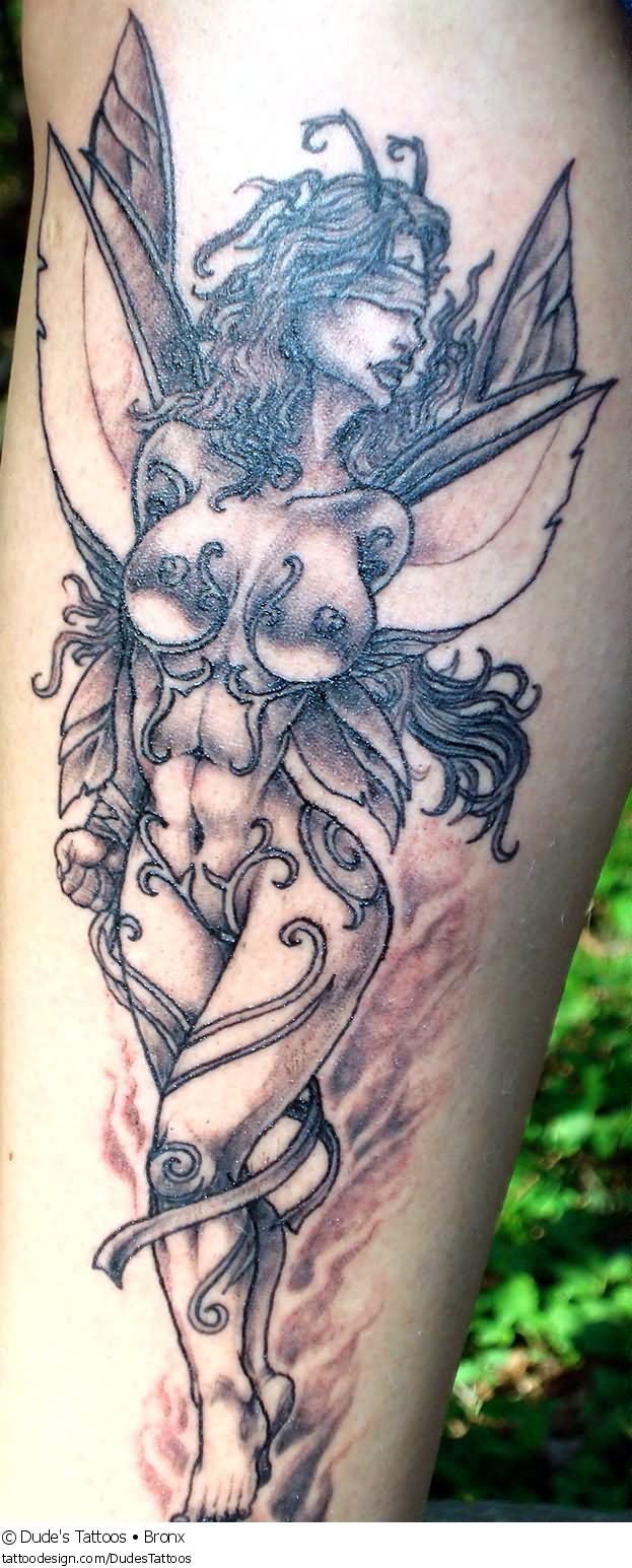 Grey Ink Fantasy Fairy Tattoo On Sleeve