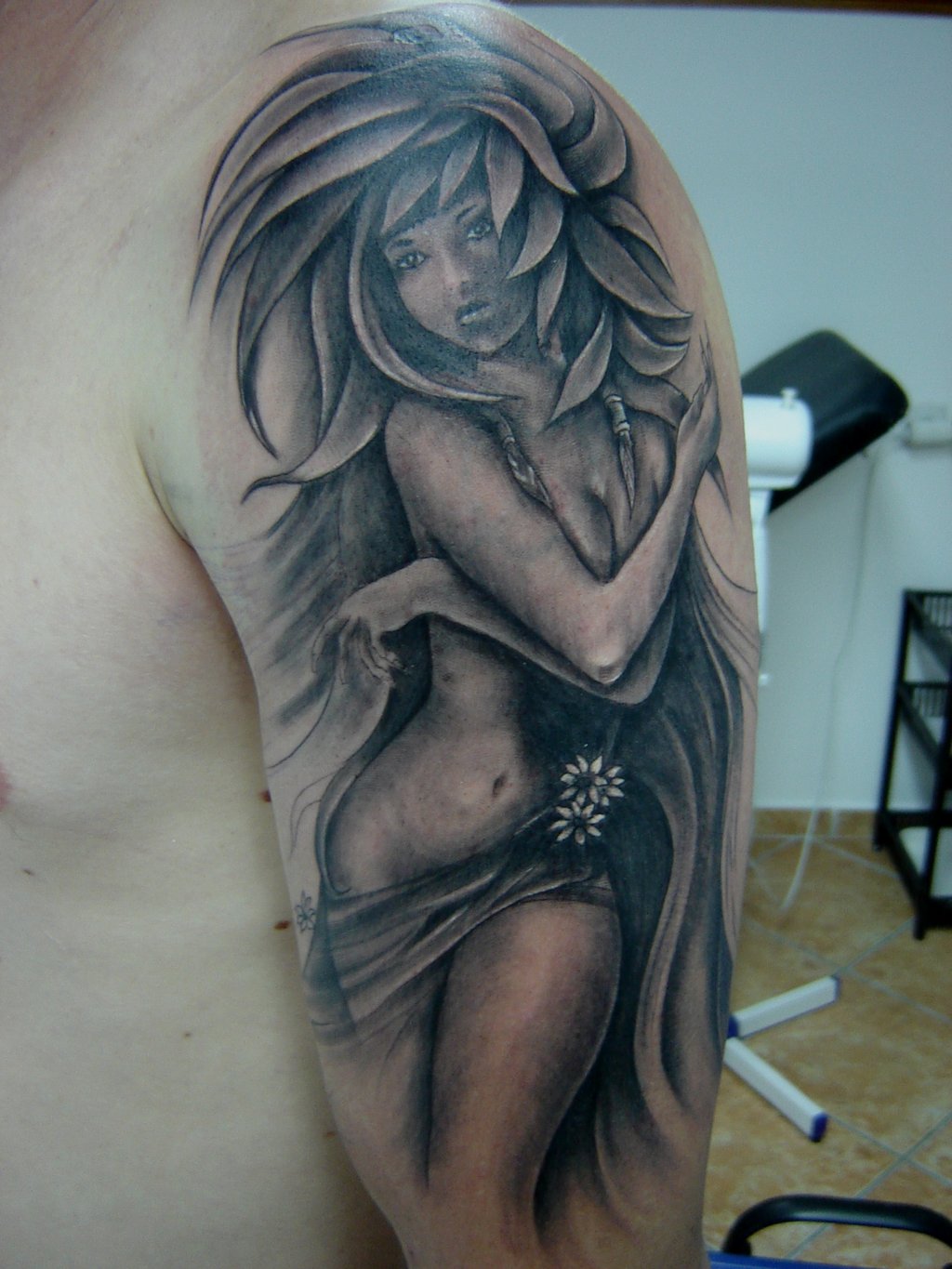 Grey Ink Fantasy Girl Tattoo On Half Sleeve