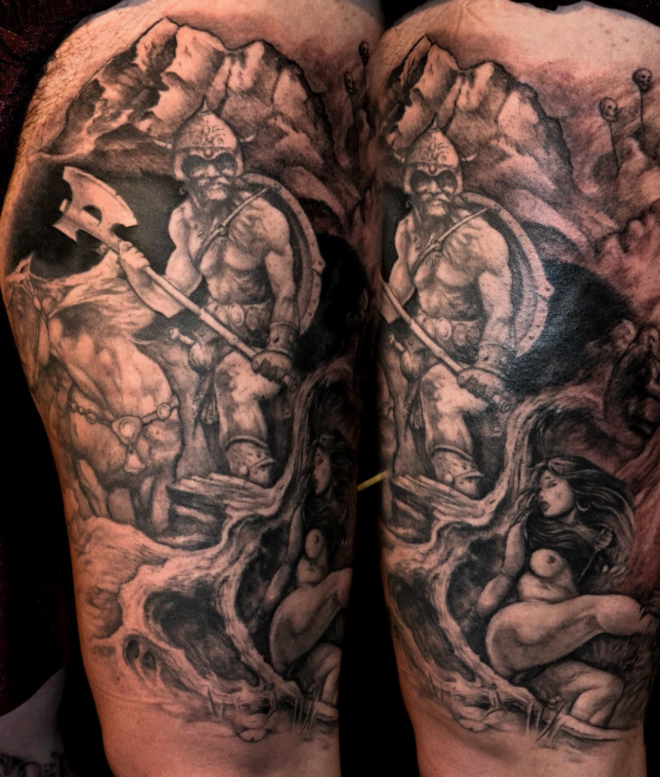 Grey Ink Fantasy Half Sleeve Tattoo