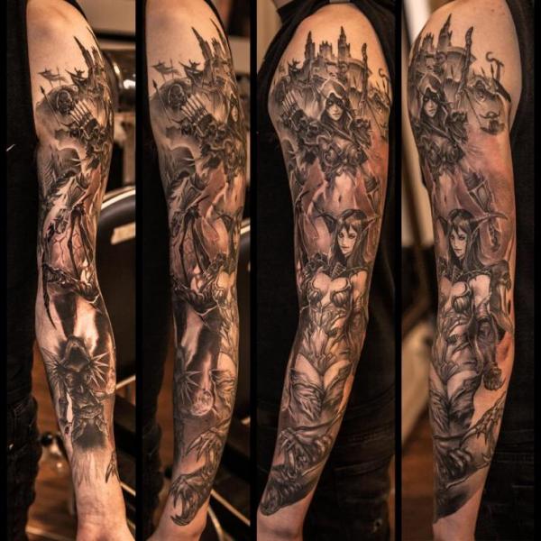 Grey Ink Fantasy Tattoo On Sleeve by Wicked Tattoo