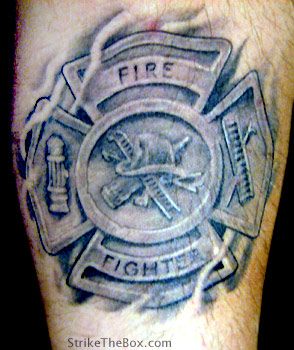 Grey Ink Firefighter Cross Tattoo Design